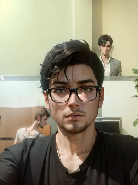 Realistic 8K image of a thin 25-year-old man, with short black hair, wearing a black blazer with a white blouse underneath, tense expression, walking in a decrepit hotel lobby. realistic face