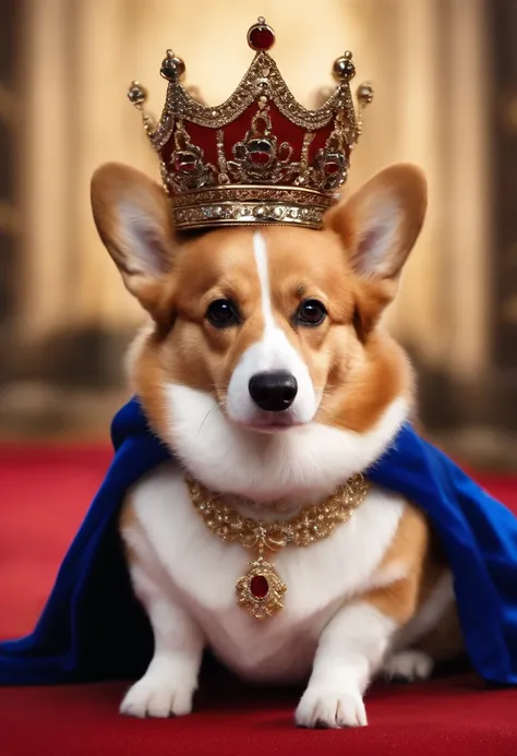 A Corgi dressed in prince attire and wearing a small crown, standing on a red carpet. The image style is royal and elegant, with a 4:5 aspect ratio.