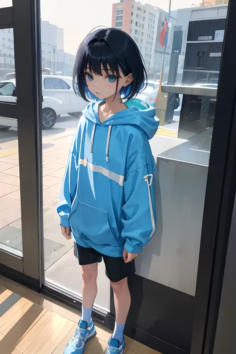 child，（​masterpiece，Highest Quality），Light blue hoodie with short sleeves，A dark-haired，Esper