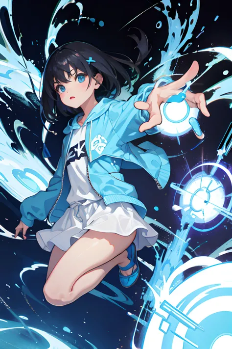 child，（​masterpiece，Highest Quality），Light blue hoodie with short sleeves，A dark-haired，Esper