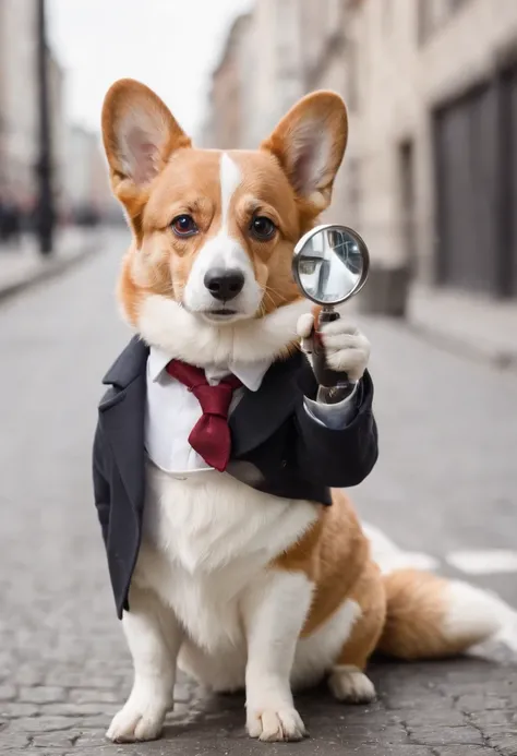 A Corgi dressed in detective attire, holding a magnifying glass, standing on a street. The image style is mysterious and investigative, with a 4:5 aspect ratio.