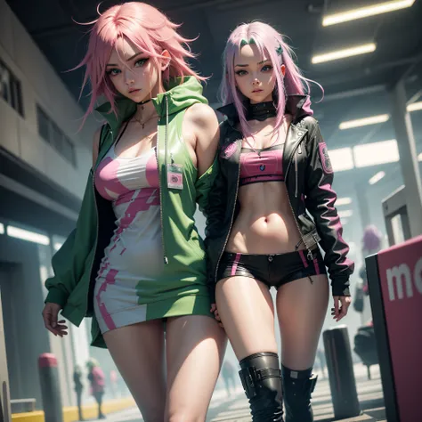 Woman, realistic character, Green hair with pink locks, Blue eyes, Anime, Alone, Modern, Cyberpunk --auto