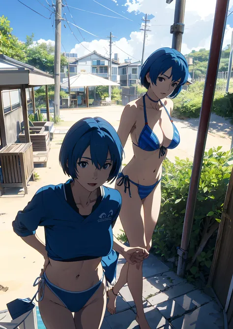 evangerion 、Rei Ayanami 、、Big Tits Female、Blue-haired、short-haired、outside of house、the beach、、maikurobikini、bare-legged