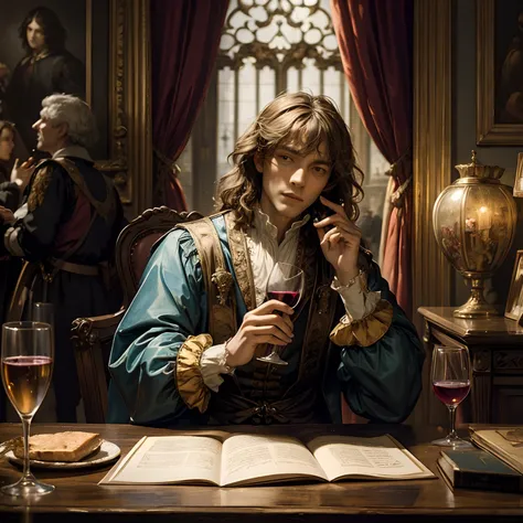 Man in Renaissance costume holding glass of wine, The Flemish Baroque of the Prince , trending on cg society, pre-raphaelitism, rococo, Renaissance painting, Maximalist