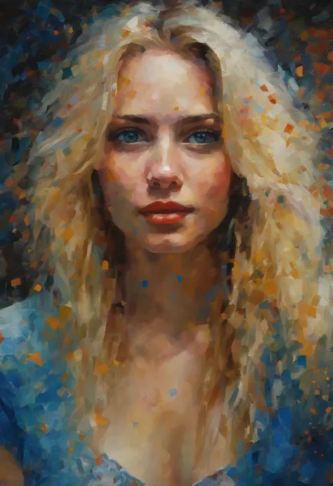 portrait of a woman, Very beautiful woman, Long Blond Hair, Smiling eyes staring at the camera, Smiling mouth, Expose the blue P dress, acrylic painting, Bold and expressive brushwork, Impressionistic style, Spectacular surreal background, Very heavy brush...