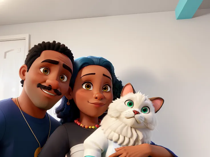 Um casal de um homem de pele negra, com cabelo afro curto, com barba, bigode e cavanhaque curto, com  uma mulher, de pele clara, segurando um gato com olhos de cor diferentes azul e outro verde no colo