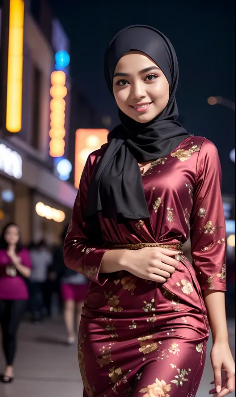 Portrait photography of a beautiful young malay girl in hijab wearing Square Neck Bow Front Floral Jacquard Dress , catwalk, nighttime, crowded mall background, bright lighting, smile and happy gesture, small abs, wide hips, thick thighs, small abs, petite...