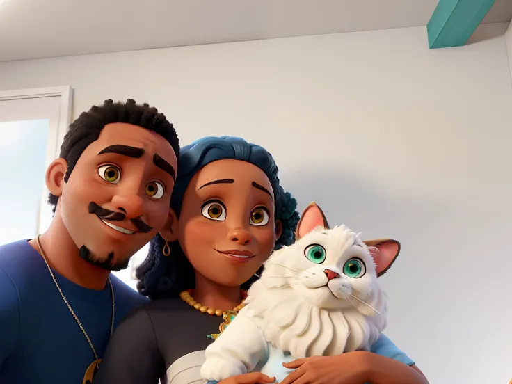 Um casal de um homem de pele negra, com cabelo afro curto, com barba, bigode e cavanhaque curto, com  uma mulher, de pele clara, segurando um gato com olhos de cor diferentes azul e outro verde no colo