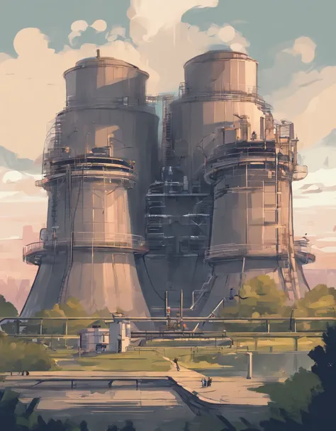 IP design，Cute cartoon，Not human，Anthropomorphic cooling tower of a power plant，largeeyes，ssmile，Two-headed body