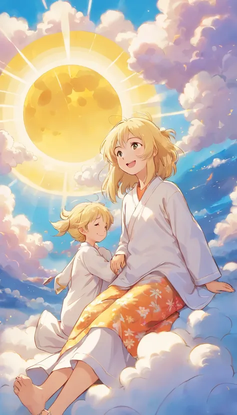 heal，Reject EMO，Very happy，Face life with a smile，rays of sunshine，long whitr hair，Cloud pajamas，Lovely cloud pillows，Cloud quilts，himawari