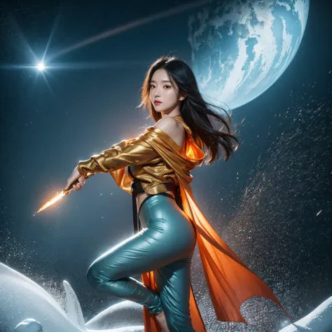 cinematic cgsociety，Flying Nine-Tailed Light Blue Sky Division Flame Long-haired Fox Star，een Erotica，Torch night black golden orange brocade silk snake print silk pants，Rouge diamond tulle sheer lizard-patterned leggings，Fat woman space fly in the snow，Fr...