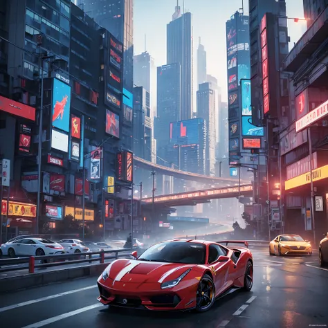 (Best quality, 8k, Masterpiece :1.2), hyper realistic, cyberpunk, at a mountain, an detailed red Ferrari 488, Speeding on the highway, (Facing the audience), The blue skyscraper in the background, at night,