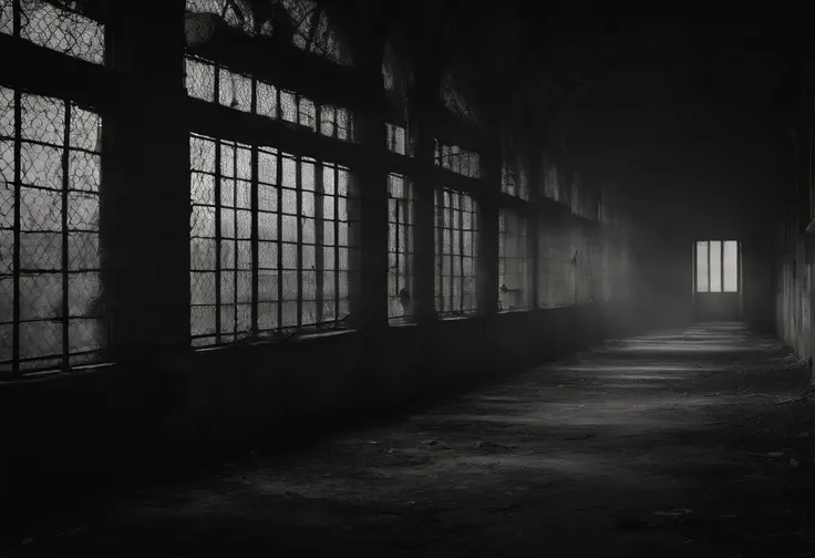 liminal space, prison courtyard, empty, scary, dark, intricate linework, dreadful feeling, fear, scary presence, highres, ultra-detailed, realistic, horror, gloomy atmosphere, dim lighting, chilling vibes, haunting shadows, desolate landscape, towering pri...