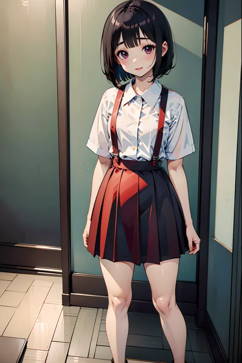 1girl, hanako-san, dress shirt, short sleeve, red suspender skirt, blush, :d, bob cut, black hair,