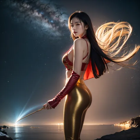 cinematic cgsociety，Flying Nine-Tailed Light Blue Sky Division Flame Long-haired Fox Star，een Erotica，Torch night black golden orange brocade silk snake print silk pants，Rouge diamond tulle sheer lizard-patterned leggings，Fat woman space fly in the snow，Fr...