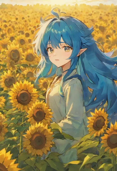 Blue dragon with cute red mane and sunflower field