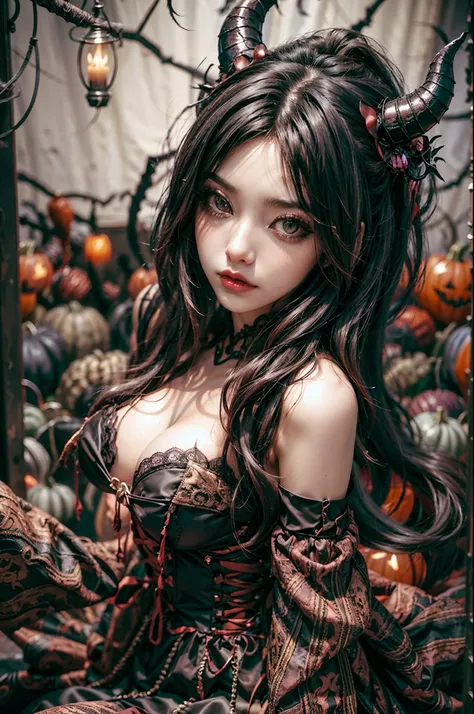 Image of a cosplayer, she is cosplaying a demon girl, gothic style lace  cosplaying dress, fake horn mane, make up, sexy, revealing, Halloween night, Halloween backgrounds,🎃