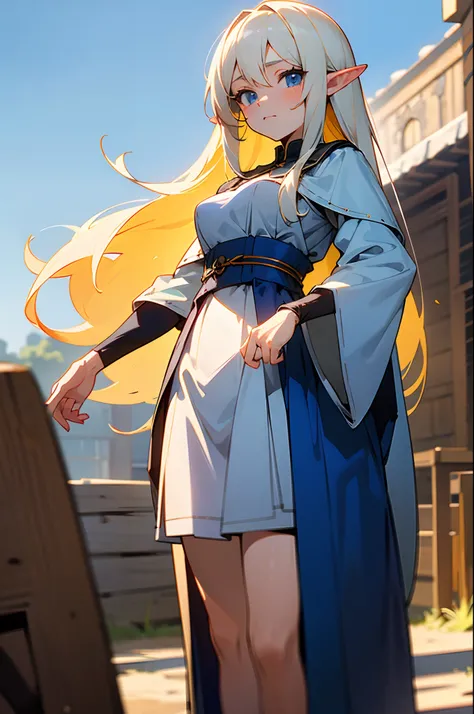 Anime elf girl with white long hairs and blue eyes. Wearing blue medieval dress. Standing at the dirt road. Medieval city. masterpiece, 8k, ultrasharp, supersharp, perfect anatomy, perfect body, cute face, blue sky,