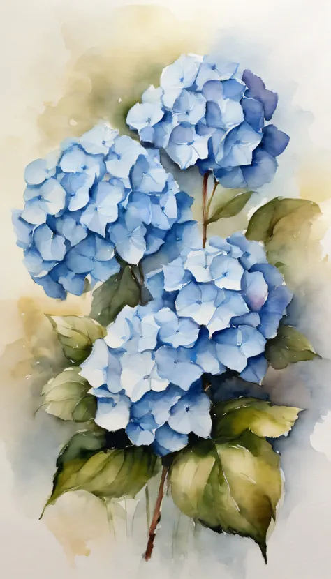 A small bouquet of 2 blue hydrangeas on a white background, in the center of the image