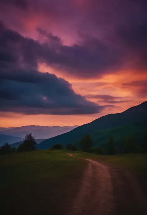 Beautiful scenery in the mountains., Orange and purple clouds at sunset, Mesmerizing and magical.