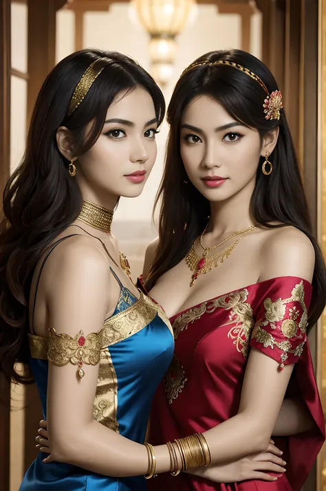 The proportions are the same for all races, All faces and pictures must be different,portrait of two vibrant exotic goddesses,silk lace,Embroidery,armlets, bangle:1.3,Ancient hair accessories,