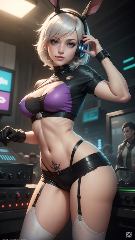 gwen tennyson,tracer,yshtola rhul, yorha 2b,rebecca chambers,nier automata,overwatch,close up,mecha pilot,night club,tattoos,purple and silver plugsuit,white short sleeve techno top,steel cargo micro shorts,garter belt,uncovered belly,short hair,cute makeu...