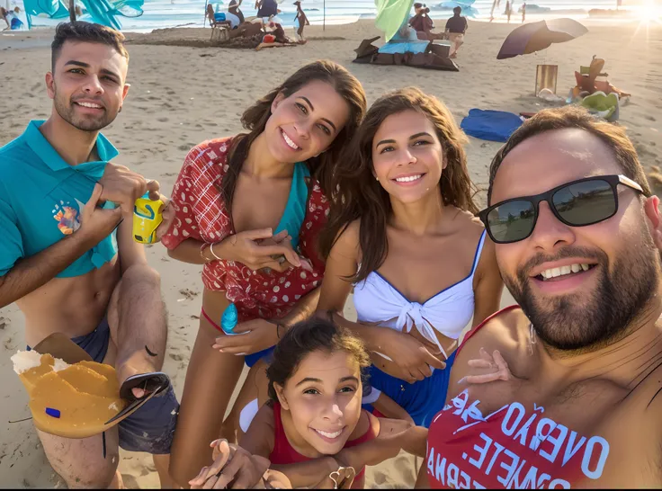 There is a group of people standing on a beach with food, na praia, na praia, em uma praia, na praia, na praia, imagem de qualidade muito baixa, em uma praia, foto selfie, foto de praia, no mar, pessoas na praia, foto de perfil, em uma praia ensolarada, st...