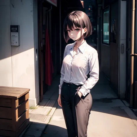 realisitic、top-quality、Standing on a street corner、((One Woman:1.5))、Black hair、Medium bob、Gray eyes、Outside the room、black suits、white  shirt、Medium chest