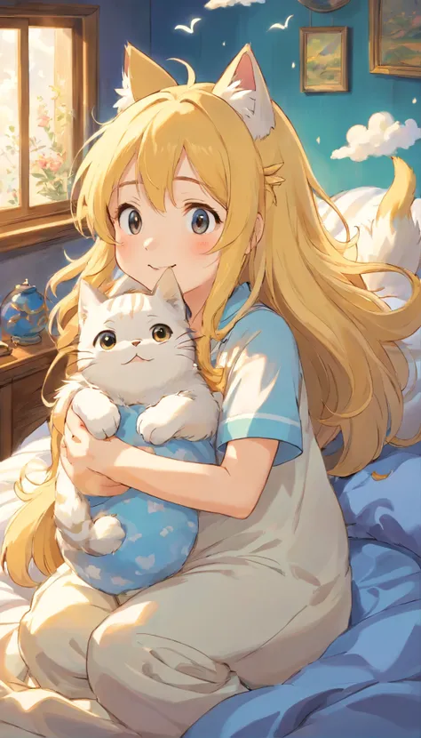 heal，Reject EMO，Very happy，Very happy，Face life with a smile，rays of sunshine，long whitr hair，Cloud pajamas，Lovely cloud pillows，Kitten pillow