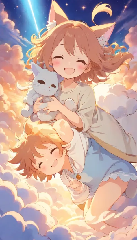 heal，Reject EMO，Very happy，Very happy，Face life with a smile，rays of sunshine，long whitr hair，Cloud pajamas，Lovely cloud pillows，Kitten pillow