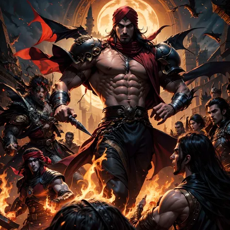 Moroccan Arabic Castlevania Lords of the Shadows Hyper Realistic Super Detailed Dynamic Shot Master Dracula Handsome Muscular Kenshiro with Red Turban Fierce Gaze Cutscenes Leading the Demonic Army Troops into Battle Hokuto no Ken Muscular Style