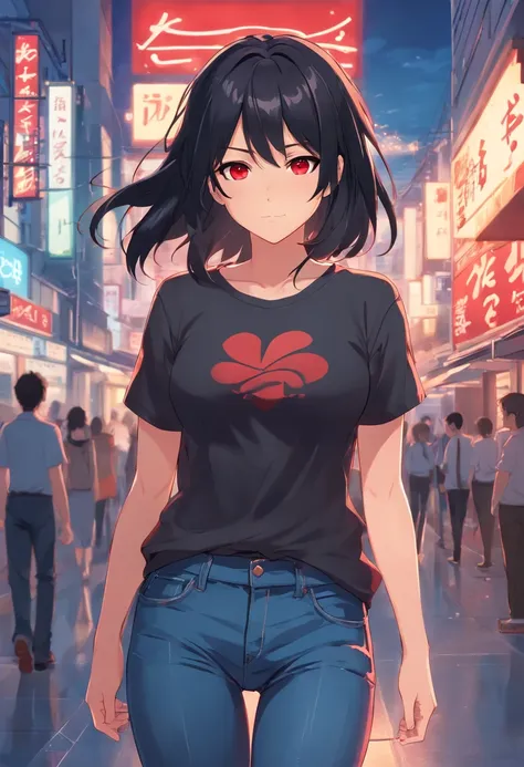 A good looking anime girl with black hair, red eyes. Black shirt and jeans, with a big chest under the shirt