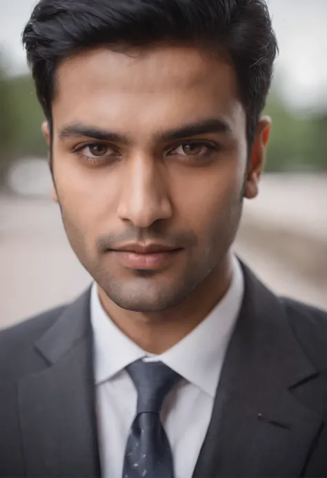 30 year old Indian man with black hair in a business suit, portrait, looking directly at the camera, headshot, shaved