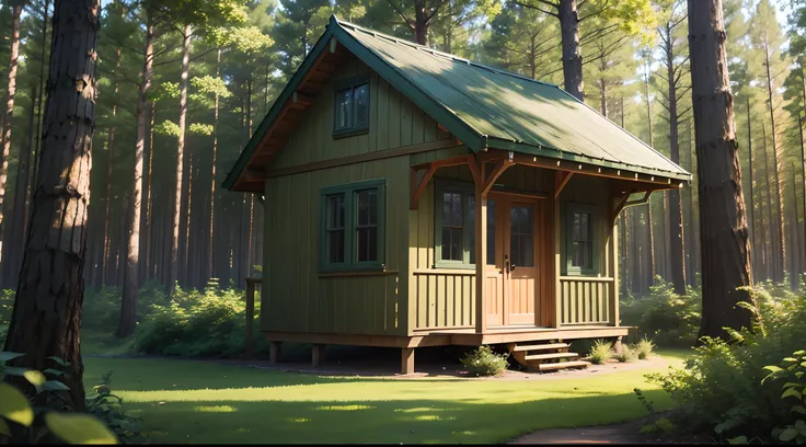 small house in a forest, leaves green