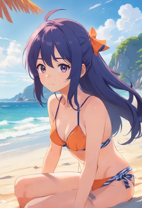 The character hinata from naruto on the beach in a bikini in a sensual position