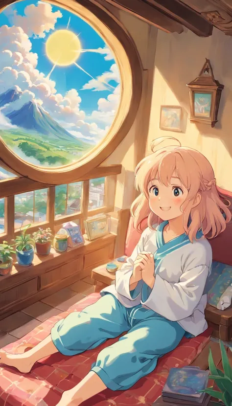 heal，Reject EMO，Very happy，Very happy，Face life with a smile，rays of sunshine，long whitr hair，Cloud pajamas，clouds house，Wavy cloud pillows