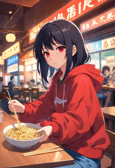 An anime girl eating noodles in a restaurant in tokyo, she has black hair, red eyes. she has an opened black hoodie with a red shirt undrneath. She has jean shorts