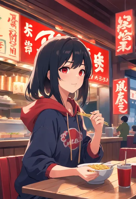 An anime girl eating noodles in a restaurant in tokyo, she has black hair, red eyes. she has an opened black hoodie with a red shirt undrneath. She has jean shorts