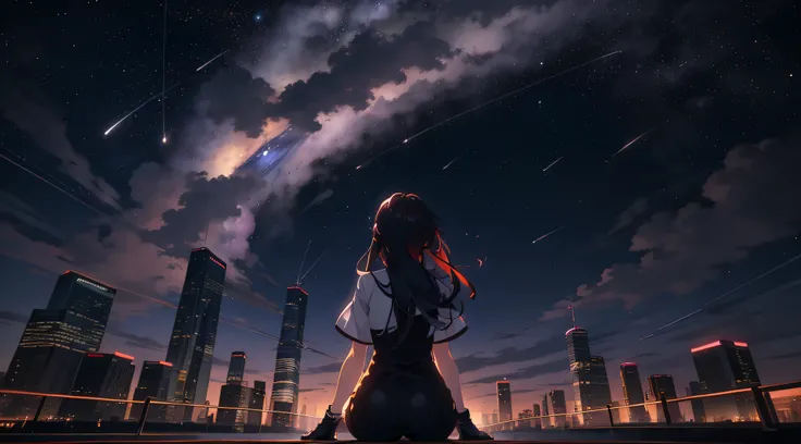 Vast landscape photos, a girl standing on a cityscape, giant buildings, middle of city, middle of downtown, skyrise, looking up at the sky, shooting stars, fireflies, dreams, makoto shinkai cyril rolando, cosmic skies. by makoto shinkai, 4k anime wallpaper...