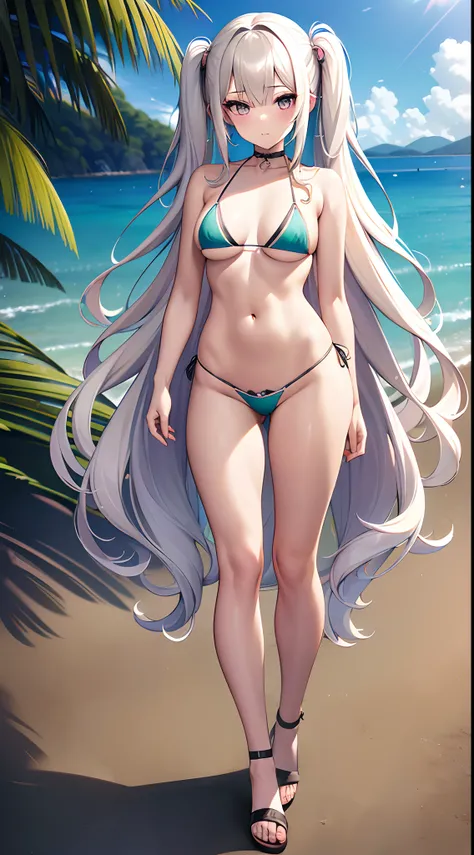 ((Best Quality)), (ultra-detailliert), ((Extremely detailed)), (Beautiful), ((Kawaii Girl)),(two side up hair)、((masutepiece)),Platinum Blonde Hair,Long hair, hair between eye, Wavy Hair, Long sideburns,Jade colored eyes, White skin,Normal Chest,Slender bo...