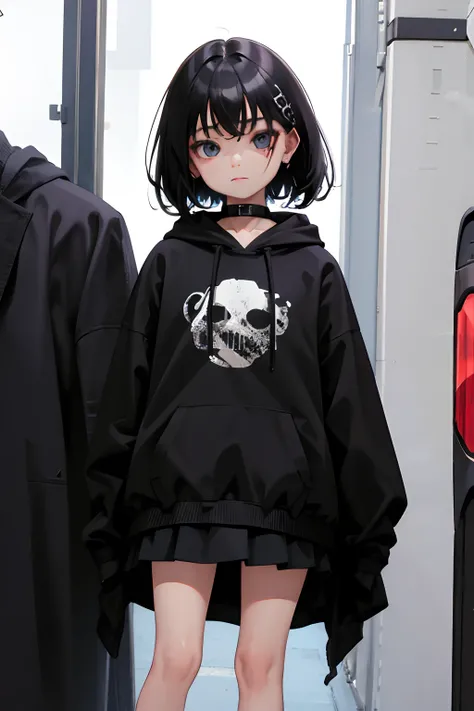 (child)，（​masterpiece，Highest Quality），Black short-sleeved hoodie，skirt by the，Goth Punk，A dark-haired，Spy，stas