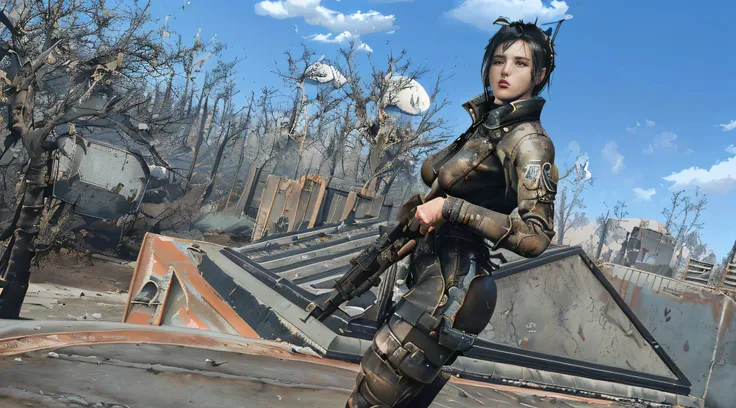 Da ist eine Frau in einer Lederjacke, She holds a rifle in her hand, Stylization for Fallout 4, In the Fallout Wasteland, Cyber-Pinguin in Fallout 4, Fallout-Stil, Mighty Princess of the Wasteland, Standing in the Wasteland, Evil Princess of the Wasteland,...