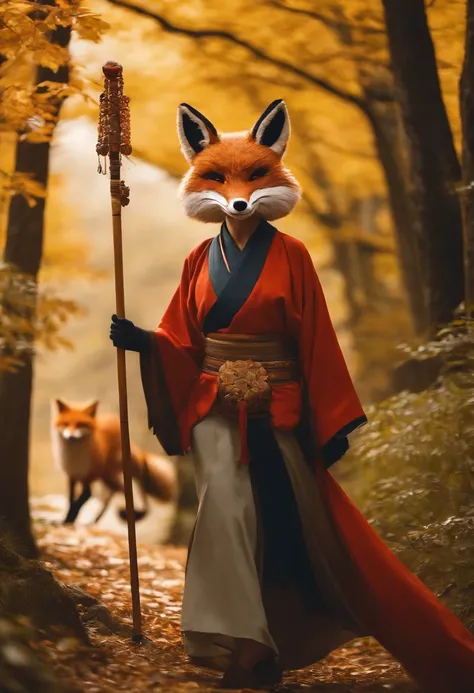 japanic style、Endless mountain roads、On both sides, the leaves of the trees are blown by the wind、A person wearing a fox mask is looking back、I have a spear in my hand、Wear clogs、Facial expressions are unreadable、Looks sad、Gold Tone