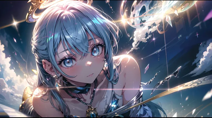 masutepiece, Superb illustration, Saxophone Blue, Platinum Earrings, Platinum Necklace, White Dress, 1girl in, Cute, (Dinamic Light: 1.2), Cinematic Light, Delicate facial features, Detailed eyes, Sharp pupils, Realistic pupils, depth of fields, Background...