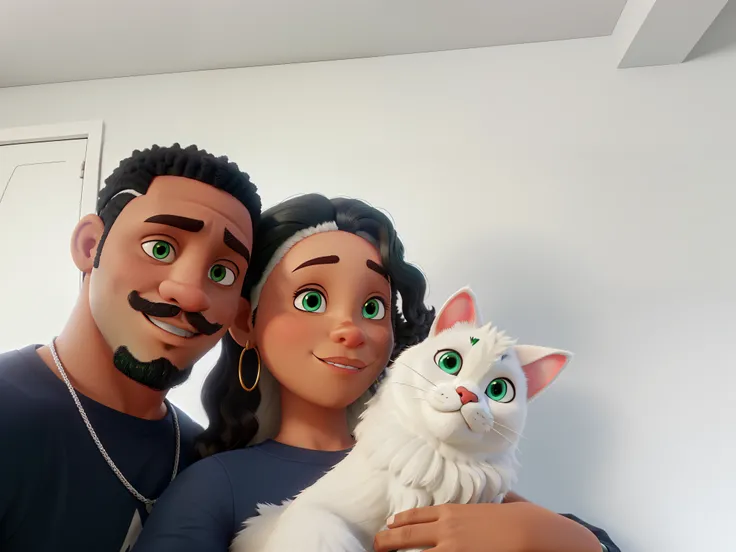 Um homem com olhos castanhos escuros e pele negra e cabelo afro curto, com barba, bigode e cavanhaque curtos, uma mulher com pele branca olhos castanho claro e cabelo longo e liso, segurando um gato branco com heterocromia de um olho verde e outro azul no ...