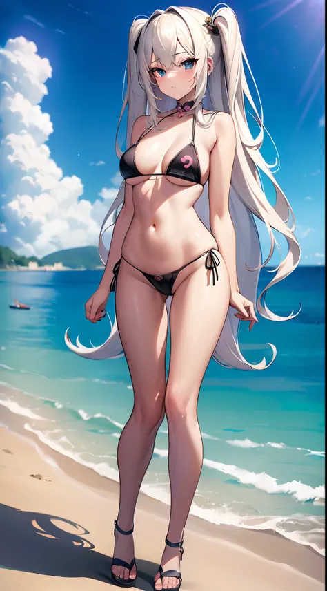 ((Best Quality)), (ultra-detailliert), ((Extremely detailed)), (Beautiful), ((Kawaii Girl)),(two side up hair)、((masutepiece)),Platinum Blonde Hair,Long hair, hair between eye, Wavy Hair, Long sideburns,Jade colored eyes, White skin,Normal Chest,Slender bo...