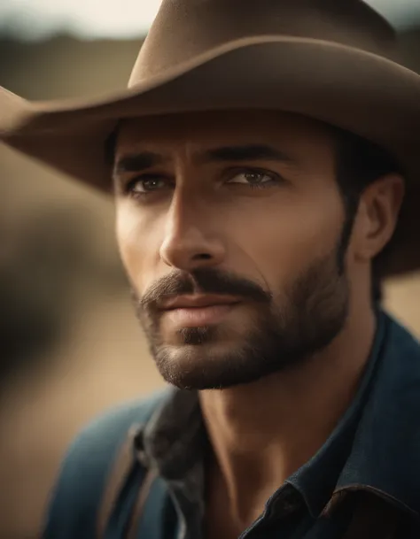 Cinematic portrait, ((Upper body)), Facing the audience, (reality :1.3), most beautiful artwork photo in the world, A man looks at the camera, Vintage denim outfits, Western cowboy, Detailed beautiful face, action  shot, (Intricate :1.4), Western backgroun...