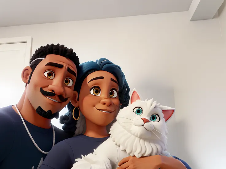 Um homem com olhos castanhos escuros e pele negra e cabelo afro curto, com barba, bigode e cavanhaque curtos, uma mulher com pele branca olhos castanho claro e cabelo longo e liso, segurando um gato branco com olho azul no estilo Disney