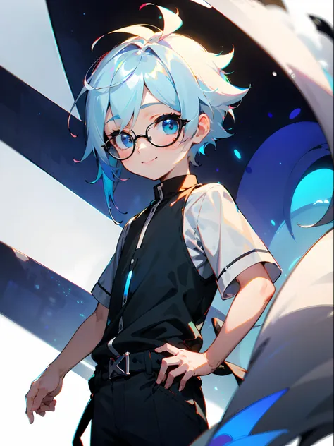 (Male child、Black glasses、blue eyess、 silber hair、A smile、a cool)，独奏，cowboy  shot，Iridescent background