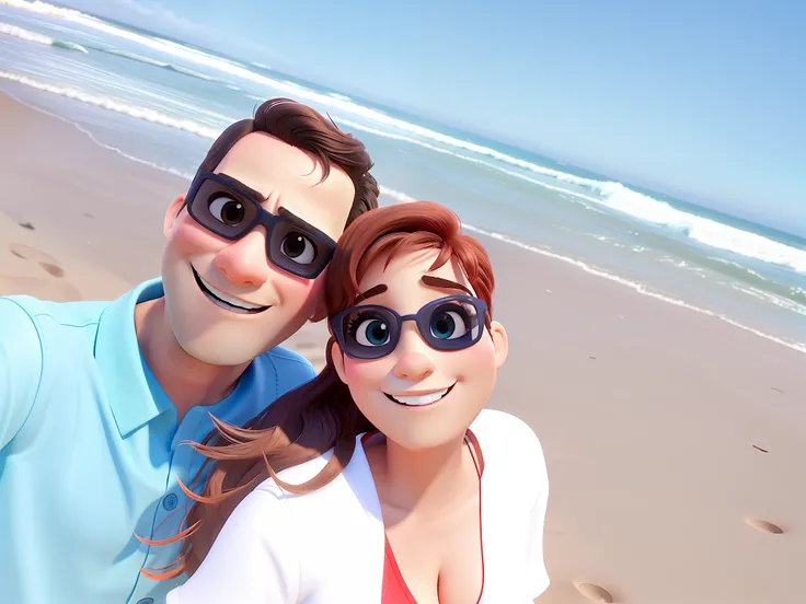 Um casal na praia estilo Disney pixar, alta qualidade, melhor qualidade